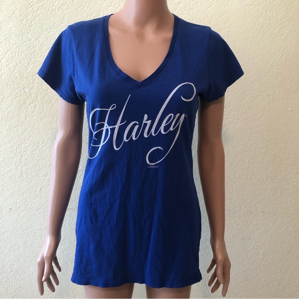 Harley-Davidson Blue/White Women’s Size M Royal T-Shirt V-Neck Graphics Print
